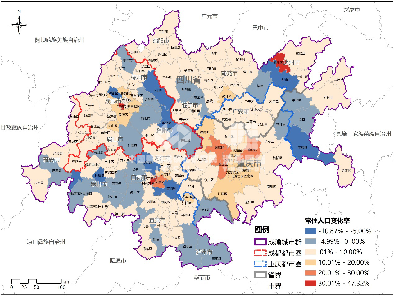 2010-2017年成渝地区双城经济圈常住人口增加前10位区县(数据来源